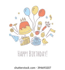 Vector card with birthday. Cheerful background for design of postcards, invitations to children's holiday.