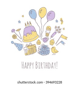 Vector card with birthday. Cheerful background for design of postcards, invitations to children's holiday.