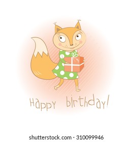 Vector card to birthday with the squirrel bearing a box with gift.