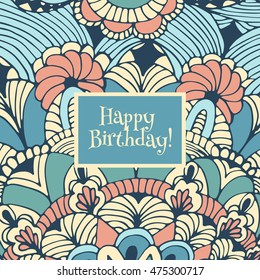 Vector card with a birthday in zentangle style. Fashionable design postcards. Page coloring for adults. Lace pattern, Zen art.
