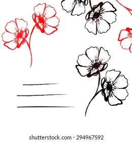 Vector card with black and red hand-drawn flowers on the white background