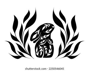 Vector card with black silhouette decorated rabbit in stems wreath. Folk art hare with foliages. Horizontal clipart with ornamental animal for banner, greeting card 