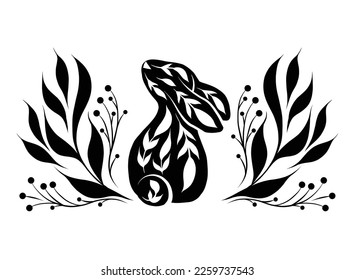 Vector card with black silhouette decorated rabbit in stems wreath. Hare with foliages. Horizontal folk art clipart with ornamental bunny for banner, greeting card, sublimation and logo