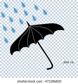 Vector card with black umbrella and raindrops on the square background.