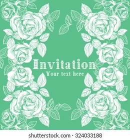 Vector card with blooming roses on an emerald background.