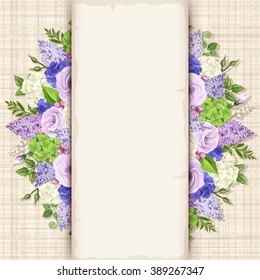 Vector card with blue, purple and white flowers and green leaves on a sacking background.