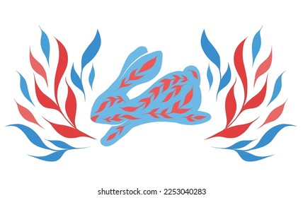 Tarjeta vectorial con silueta azul y roja decorada saltando conejo en tallos cortados. Comparar liebre de arte popular con follajes. Clipart horizontal con animal ornamental para banner, tarjeta de saludo