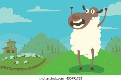 Vector card with the blue sky, green fields, hills, farm, grazing sheep and with cartoon image of funny sheep with a gray face and white wool, standing with her front hooves up on this background. 