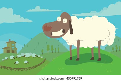 Vector card with the blue sky, green fields, hills, farm, grazing sheep and with cartoon image of funny sheep with a gray face and white wool, standing on four hooves and smiling on this background.