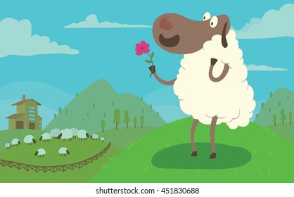 Vector card with the blue sky, green fields, hills, farm, grazing sheep and with cartoon image of funny sheep with a gray face and white wool, standing with pink flower in her hoof on this background.