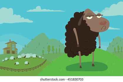 Vector card with the blue sky, green fields, hills, farm, grazing sheep and with cartoon image of funny sheep with a gray face and black wool, standing with a sad expression on face on this background