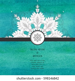 Vector card with blue watercolor background and ribbon. Beautiful round oriental pattern of flowers. Place for your text.