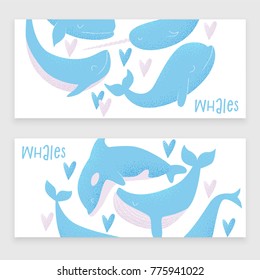 Vector card with blue whale, sperm whale, narwhal, killer whale and humpback whale