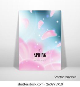Vector card with blurred lights on blue background. Flower and petals that are flying. Spring collection. Realistic shadow.