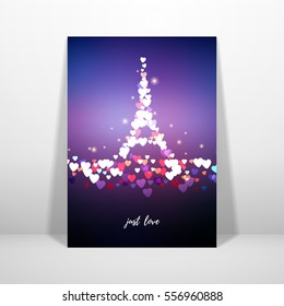 Vector card. Blurred lights on purple background with bokeh effect. Hearts in the form of the Eiffel Tower. Valentine's Day or wedding. Inscription Just love. Place for your text.