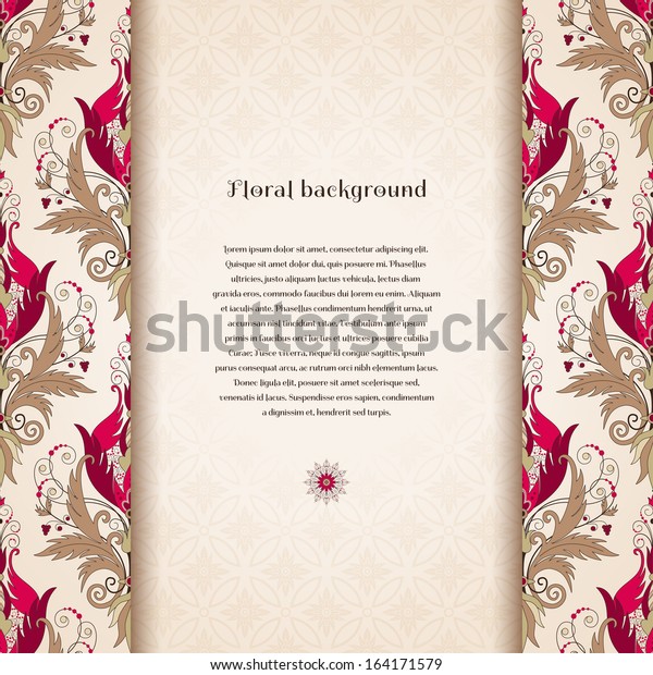 Vector card. Border with floral vintage\
pattern. Beautiful flowers with leaves and berries. Seamless simple\
delicate ornament. Place for your text. Perfect for greetings,\
invitations or\
announcements