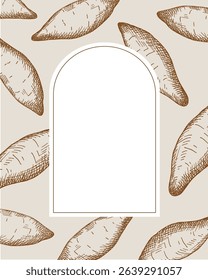 Vector card border with Sweet potato fruits for text. Hand drawn banner with engraved vegetable plants. Healthy food, harvest. Design Element for label, sticker, menu, print, paper, wrapping, sign