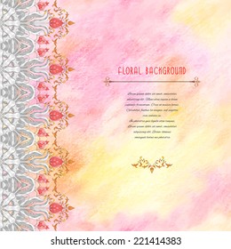 Vector card with border. Tulip flower ornament and decor with leaves. Colored pencils. Hand drawing. Place for your text.