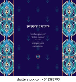Vector card. Borders with floral oriental pattern. Ethnic insertion for your text. Dark backdrop.