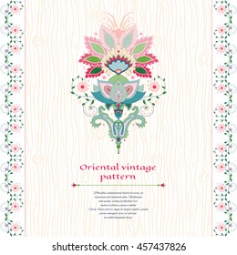 Vector card. Borders with indian oriental flowers and indian flower. Insertion with hand drawing wooden texture for your text.
