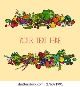 Vector card with borders made from hand drawn fruit, vegetables and culinary herbs.