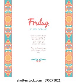 Vector card with borders of multicolored triangles and grid. Place for your text. 