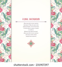 Vector card with borders. Oriental floral pattern. Insertion for your text. Delicate green and pink.