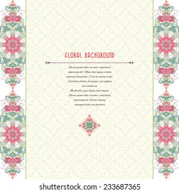 Vector card with borders. Oriental floral pattern. Insertion for your text. Delicate green and pink.