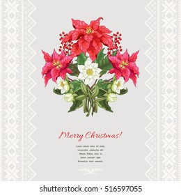 Vector card with borders with scandinavian ornament. Branches of poinsettia flowers, berries and hellebore. Christmas collection. Place for your text.