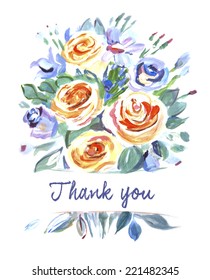 Vector card with a bouquet of flowers. Thank you. Painting. Orange, purple shades. Bouquet of Roses