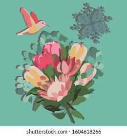 vector card with a bouquet of proteas