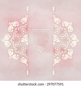 Vector card. The bouquet victorian garden roses. Beautiful round patterns. Hand drawing on watercolor backdrop. Place for your text.