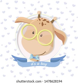 Vector card. Its a boy giraffe blue background