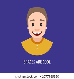 
Vector card "Braces are cool". A young guy with braces.