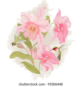 Vector card with a branch orchid and birds colibri