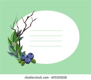 Vector card with branches, leaves and blueberries. Floral greeting card, wedding invitation with forest elements. Pastel shades