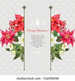 Vector card. Branches of poinsettia flowers, holly and hellebore on scandinavian ornament. Christmas collection. Place for your text.