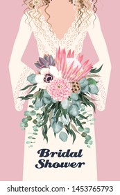 Vector card with bride and wedding bouquet