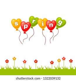 Vector card with bright vector cartoon balloons in the shape of heart with title "Spring" flying above green grass with flowers. Welcome spring. Cute child illustration