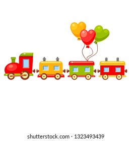 Vector card with bright vector cartoon train on with balloons in the shape of heart. Toy colorfull wagons. Cute transport illustration.