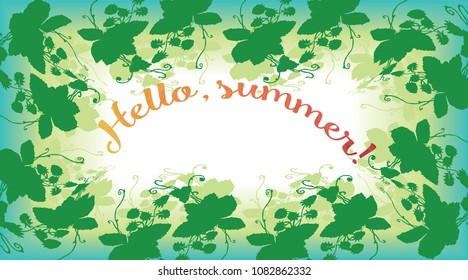 Vector card with a bright frame of a silhouette of berries and leaves of a winding forest strawberry inscription "Hello, summer" on a blue background
