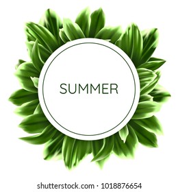 Vector Card with Bright Green Leaves and Round Place for Text. Summer or Spring Design