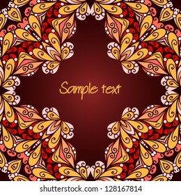 Vector card with bright ornament on dark background.
