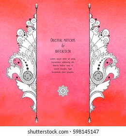 Vector card. Bright red aquarell backdrop. Eastern traditional floral pattern. Place for your text.