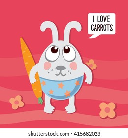 vector card with Bunny; love Bunny with carrot; funny rabbit on a pink background
