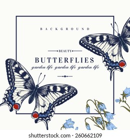 Vector card with butterflies and flowers.