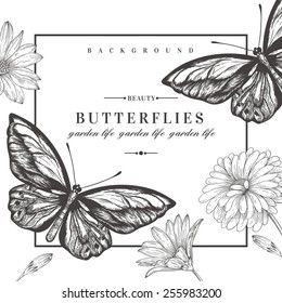 Vector card with butterflies and flowers. Black and white illustration.