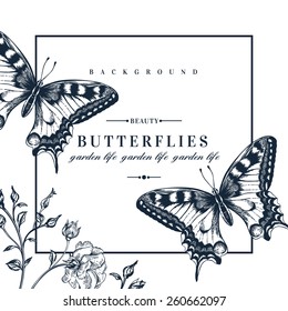 Vector card with butterflies and flowers. Black and white illustration.