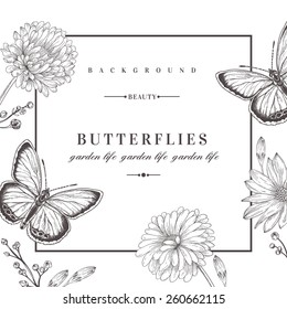 Vector card with butterflies and flowers. Black and white illustration.