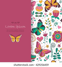 Vector card with butterflies and flowers. Place for you text. Cute colorful illustration. Romantic card. Perfect for greetings, invitations, announcement, wedding design.
